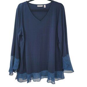 Susan Graver Blue Tunic Animal Print Flare Sleeves Blouse